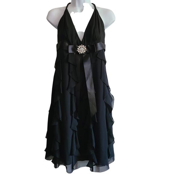 Adrianna Papell Dresses & Skirts - Adrianna Papell Black Halter Ruffle Midi Dress with Rhinestone Brooch